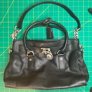 Michael Kors Black Pebbled Leather Satchel – Lock & Key, Chain Strap
